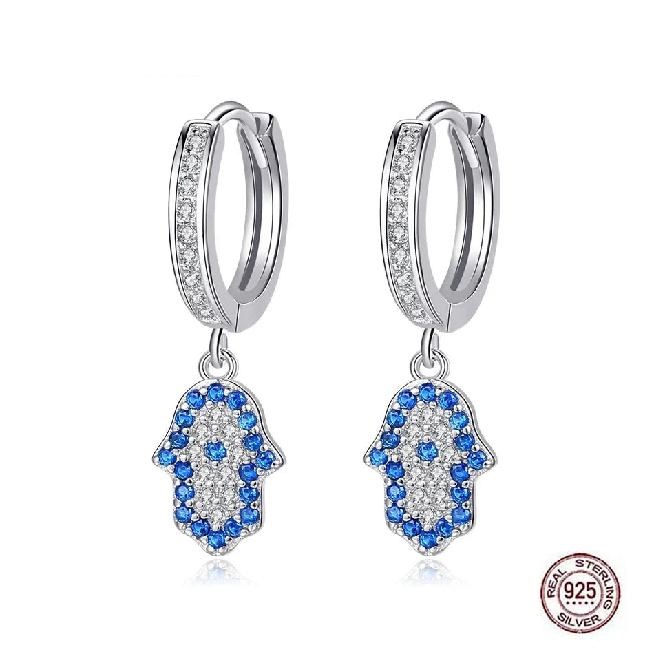 TRENDZ 925 Sterling Silver Hamsa Hand Drop Earrings