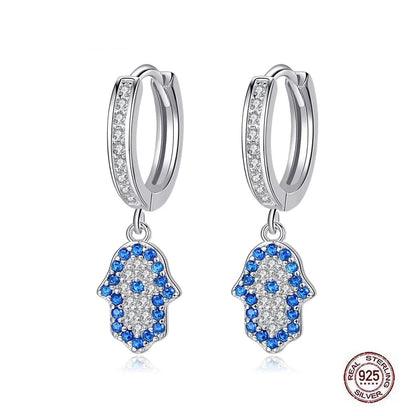 TRENDZ 925 Sterling Silver Hamsa Hand Drop Earrings