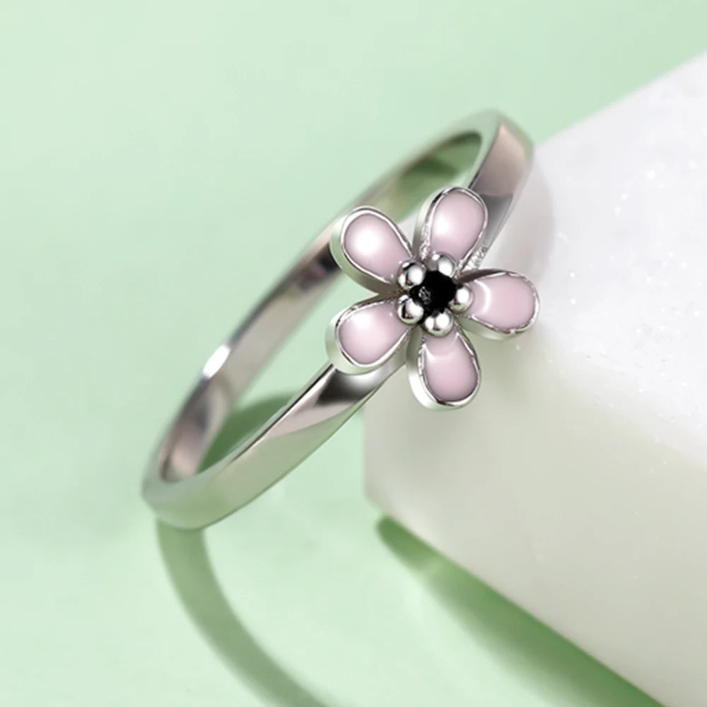 TRENDZ S925 Sterling Silver Pink Enamel Flower Ring