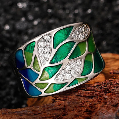 TRENDZ Green Leaf Enamel Handmade Rings